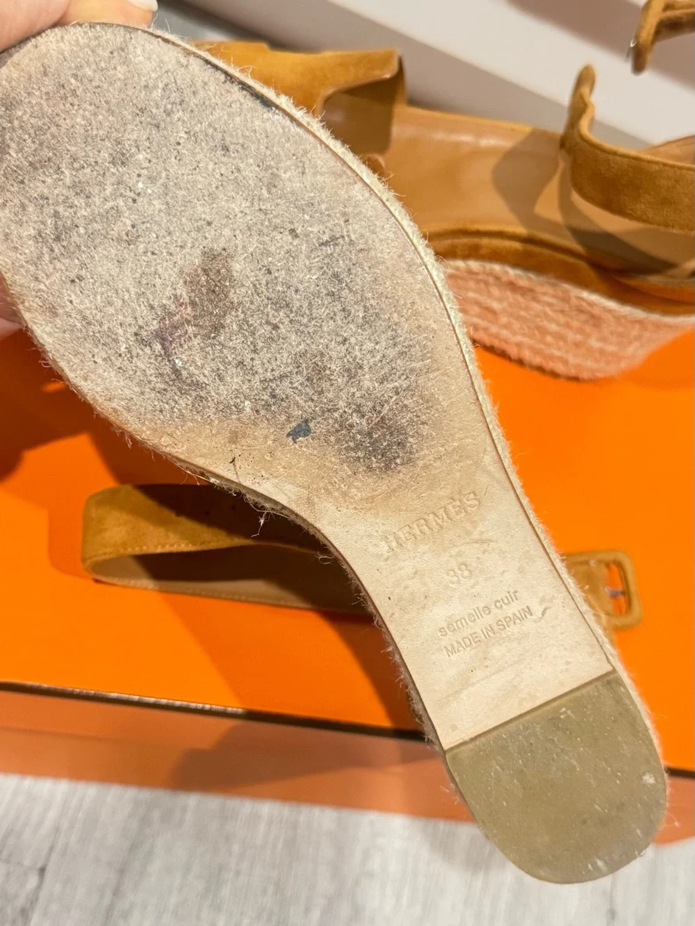 Hermes Chestnut Brown Suede Wedge Sandals with Ankle Strap
